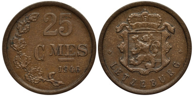 Люксембург 25 сантимов 1946 Шарлотта (1918-1964) KM 45 бронза 4538-836