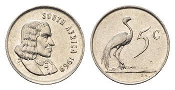 ЮАР 5 центов 1969 Ян ван Рибек (1619-1677), South Africa, легенда на англинском, райский журавль KM 67.1 медно-никель 4694-412