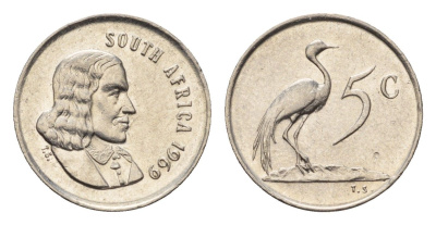 ЮАР 5 центов 1969 Ян ван Рибек (1619-1677), South Africa, легенда на англинском, райский журавль KM 67.1 медно-никель 4694-412