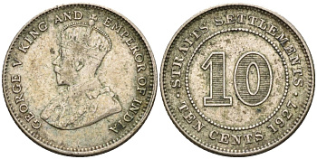 Стрейтс-Сетлментс 10 центов 1927 Георг V (1910-1936) KM 29b серебро 4594-334