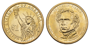 США 1 доллар 2010 P, Президент США - Франклин Пирс (1853-1857) KM 476 медь с марганцево-латунным покрытием UNC 4698-931