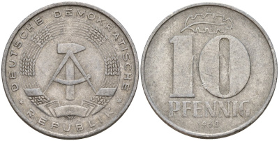 ГДР 10 пфеннигов 1968 A KM 10 алюминий 31-256