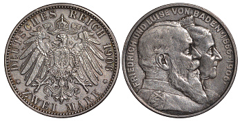 Баден 2 марки 1906 золотая свадьба Фридриха I и Луизы (1856-1906) J. 34, KM 276 серебро 413-3933