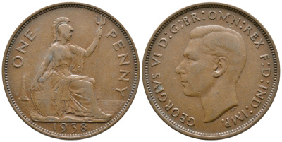 Великобритания 1 пенни 1938 Георг VI (1936-1952) KM 845, Spink 4114 бронза 4364-4243
