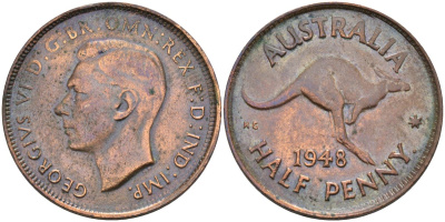 Австралия 1/2 пенни 1948 Георг VI (1937-1952), кенгуру KM 41 бронза 4591-843