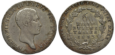 Пруссия 1/6 талера 1813 A, ФРИДРИХ ВИЛЬГЕЛЬМ III (1797-1840) KM 385 серебро 00-00