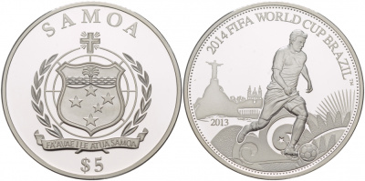 Самоа 5 тала 2013 FIFA, Чемпионат мира по футболу в Бразилии 2014 KM NEW серебро PROOF 11-109-15