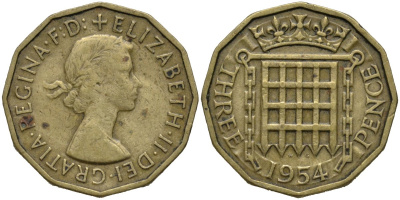 Великобритания 3 пенса 1954 Елизавета II (1952-2022) KM 900, Spink 4153 никель латунь 4171-545