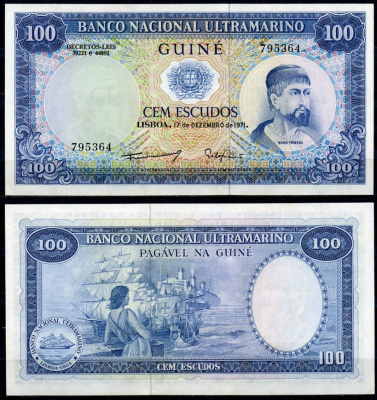 Португальская Гвинея 100 эскудо 1971 Нуну Триштан, корабль, женщина Pick 45 a (4)  бумага  UNC (пресс) 448-138-2