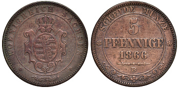 Саксония 5 пфеннигов 1866 B, Иоганн (1854-1873) KM 1218 медь 4681-1233