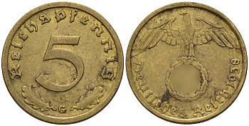 Германия 5 рейхспфеннигов 1938 G KM 91, J. 363 алюминиевая бронза 4151-865