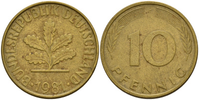 ФРГ 10 пфеннигов 1981 F J. 383, KM 108 сталь плакированная латунью    4603-456