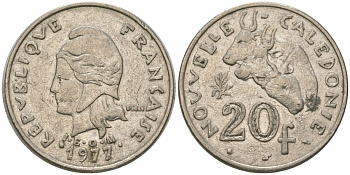 Французская Новая Каледония 20 франков 1977 три быка, (IEOM) KM 12, Schoen 14, Lec 107 никель 4120-711