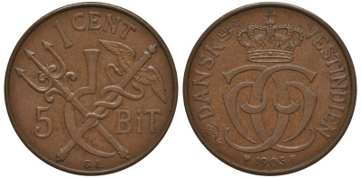 ДАТСКАЯ ВЕСТИНДИЯ 1 ЦЕНТ(5 БИТ) 1905 KM 75 бронза 02-205-22