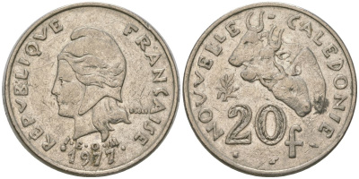 Французская Новая Каледония 20 франков 1977 три быка, (IEOM) KM 12, Schoen 14, Lec 107 никель 4120-711