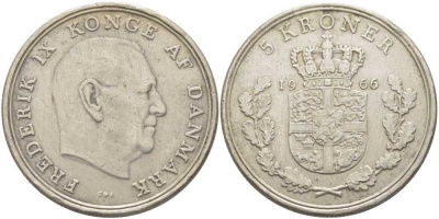 ДАНИЯ 5 КРОН 1966 C; S, ФРЕДЕРИК IX (1947-1972) KM 853.1 медно-никель 179-233