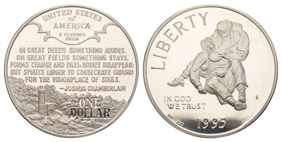 США 1 доллар 1995 S, Гражданская война KM 255 серебро PROOF 11-263-15