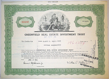 США, Greenfield Real Estate Investment Trusts 100 акций 1968 бумага 8805-37-1