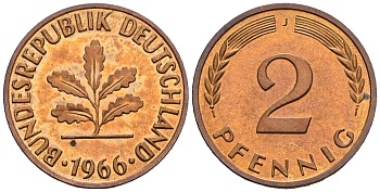 ФРГ 2 пфеннига 1966 J KM 106, J.381 бронза PROOF 1094-7-71