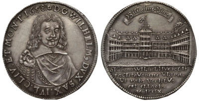 Саксен-Веймар 1/2 талера 1658 на открытие новой замковой церкви Koppe 337, Slg. Merseburger 3881 серебро 10-016-66