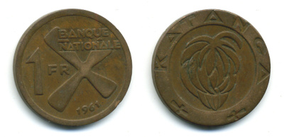 Катанга 1 франк 1961 Заир, балубский крест, связка бананов KM 1 бронза 29-845