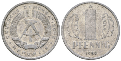 ГДР 1 пфенниг 1980 А KM 8.2 алюминий 4623-355