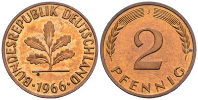 ФРГ 2 пфеннига 1966 J KM 106, J.381 бронза PROOF 1094-7-71