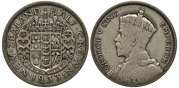 Новая Зеландия 1/2 кроны 1933 Георг V (1910-1936) KM 5 серебро 272-634
