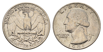 США 25 центов (квотер) 1981 P, Джордж Вашингтон KM 164a медь плакированная медно-никелем 4681-443