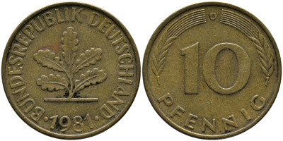 ФРГ 10 ПФЕННИГОВ 1981 D KM 108, J. 383 сталь плакированная латунью 33-145