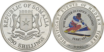 Сомали 250 шиллингов 1998 XVIII зимние Олимпийские игры в Нагано, слалом, цветная эмаль KM 102 серебро PROOF 04-138-13