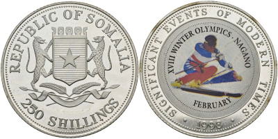 Сомали 250 шиллингов 1998 XVIII зимние Олимпийские игры в Нагано, слалом, цветная эмаль KM 102 серебро PROOF 04-138-13