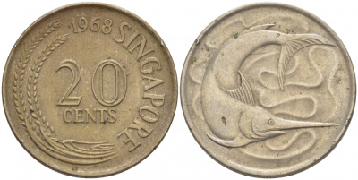 СИНГАПУР 20 ЦЕНТОВ 1968 ГОЛУБОЙ МАРЛИН, ТУНЕЦ KM 4 медно-никель 113-1157