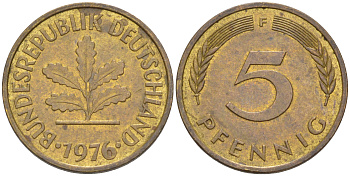 ФРГ 5 пфеннигов 1976 F KM 107, J. 382 сталь плакированная латунью 4514-916