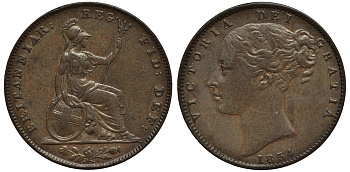 Великобритания 1 фартинг 1854 Виктория (1837-1901) KM 725, Spink 3950 медь 1523-1012