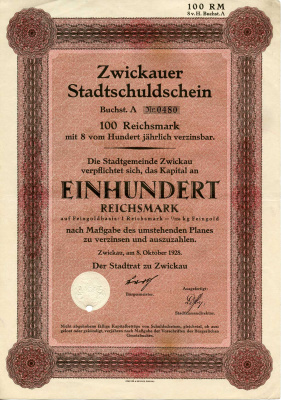 Германия 100 рейхсмарок 1928 Город Цвиккау долговая расписка 8%, облигация   бумага   8802-34-1