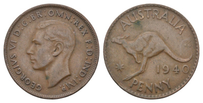 Австралия 1 пенни 1940 KG, Георг VI (1936-1952), кенгуру KM 36 бронза 4661-326