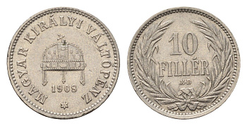 Венгрия 10 филлеров 1908 KB, Франц Иосиф I (1848-1916) KM 482 никель 181-1141