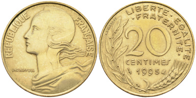 Франция 20 сантимов 1995 тип Marianne KM 930, Le Franc 156.39 медь алюминий никель    4177-141