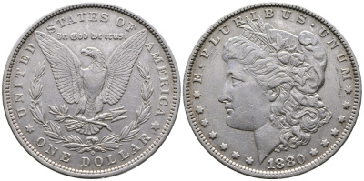 США 1 доллар 1880 O, Морган доллар, монетный двор Орлеан KM 110 серебро 272-131