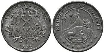 БОЛИВИЯ 20 СЕНТАВО 1942 KM 183 цинк UNC 34-717