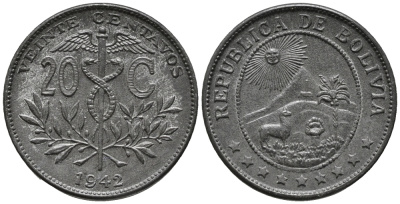 БОЛИВИЯ 20 СЕНТАВО 1942 KM 183 цинк UNC 34-717
