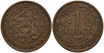 Нидерланды 1 цент 1916 Вильгельмина I (1890-1948) KM 152 бронза 4154-869