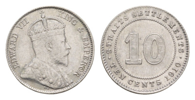 Стрейтс-Сетлментс (Стрейтс Сетлментс) 10 центов 1910 Эдуард VII (1901-1910) KM 21a серебро 1522-112
