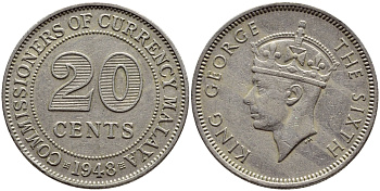 МАЛАЙЯ 20 ЦЕНТОВ 1948 ГЕОРГ VI KM 9 медно-никель 83-1834