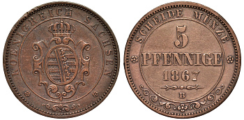 Саксония 5 пфеннигов 1867 B, Иоганн (1854-1873) KM 1218 медь 4681-1224