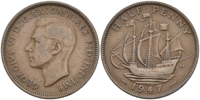 Великобритания 1/2 пенни 1947 Георг VI (1936-1952) KM 844, Spink 4115 бронза 4126-751