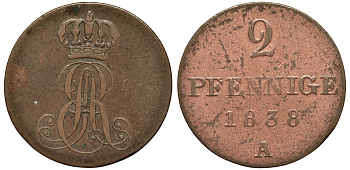 Ганновер 2 пфеннига 1838 A, Эрнст Август (1837-1851) KM 174.1, AKS 122, J. 55 медь 4681-1141