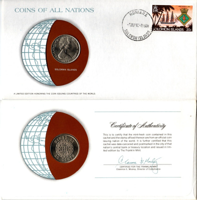 Соломоновы Острова 20 центов 1977 конверт с маркой первого дня гашения, Coins of Nations KM 5 медно-никель UNC 4294-57-1