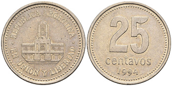 Аргентина 25 сентаво 1994 ратуша Буэнос-Айреса KM 110a, CJ 4.3.1, Schon 111a медно-никель    60-424